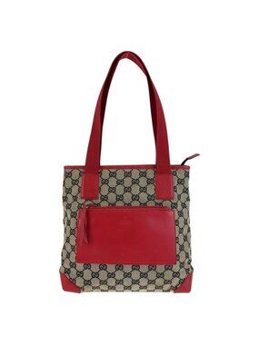 Gucci Red Beige GG Canvas Leather 019 Tote Shoulder Bag